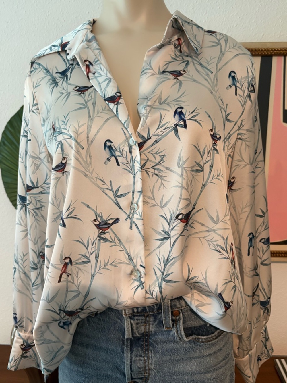 Zara Tan Satin Bird-Print Button-Down Shirt